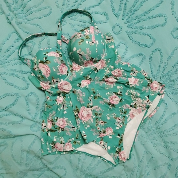 torrid Other - Torrid Mint Floral Push-up Demi Skater Swimsuit
